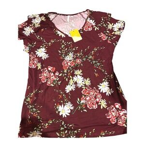 YVH Women's Burgundy XL Floral Print V Neck‎ Short Sleeve Tunic Top